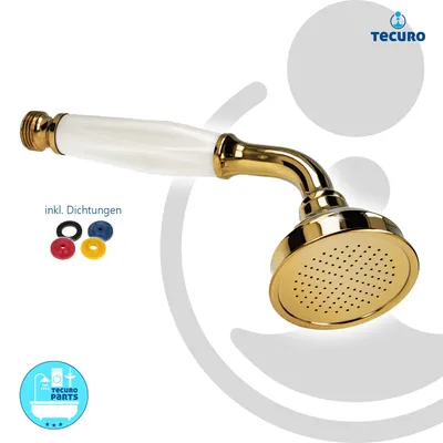 A gold and white shower head with colored gaskets shown next to it.