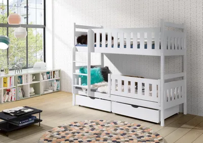 Produktbild von KEF Franek Etagenbett Kinder Holz Kinderbett für Zwei Kinder Weiß ohne Matratze Leiter Links 200x90 cm