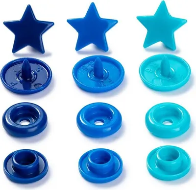Produktbild von Prym 393060, Nieten-Druckknopf-Verschluss, Kunststoff, Polyoxymethylen (POM), Blau, Türkis, Matte, Stern (Form), 1,24 cm