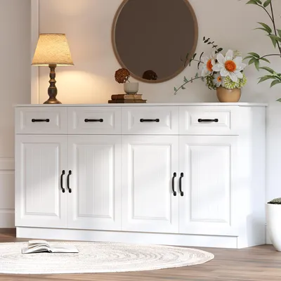 Immagine prodotto di Credenza Merax con 4 ante e 4 cassetti, comò dal design scanalato, mobile da soggiorno in MDF con ripiano, cucina, ingresso, bianco