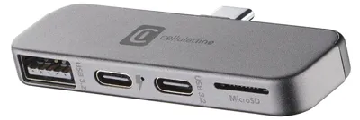 Produktbild von Cellularline Smartphone Hub, USB 3.2 Gen 1 (3.1 Gen 1) Type-C, USB 3.2 Gen 1 (3.1 Gen 1) Type-A, USB Typ-C, MicroSD (TransFlash), Schwarz, 8 mm, 70 mm