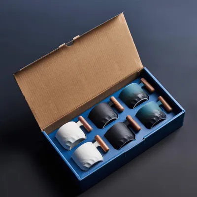Immagine prodotto di Tazze per espresso in Vetroceramica con manico in legno, capacità 85 ml, set da 6 pezzi, colore: nero, blu, bianco