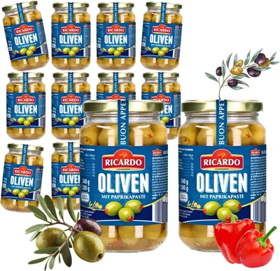 Produktbild von RICARDO Feinkost Grüne Oliven mit Paprika gefüllt 12 x 340g Vorteilspack