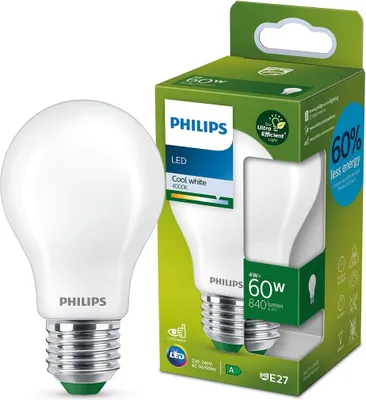 Productafbeelding van Philips Matte gloeilamp met een klassiek uiterlijk, 60 Watt, A60, E27, 4 Watt, 60 Watt, E27, 840 lumen, 50.000 uur, koel wit