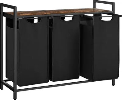 Produktbild von Wäschekorb, 3 Fächer, Eimer, mit 1 Ablagefläche, herausnehmbare Taschen mit 38L Fassungsvermögen, für Bad, Wäsche, rustikal braun und schwarz