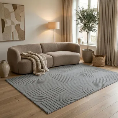 Produktbild von Wohnzimmer Teppich Esszimmer Rechteckig Japandi Kurzflor Geometrisches Muster Skandi Boho Modern  Grau  Größe  115 X 160 CM