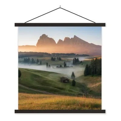 Produktbild von MuchoWow® Textilposter Berg - Nebel - Landschaft 90x90 cm mit schwarzem Rahmen - Magnetisches