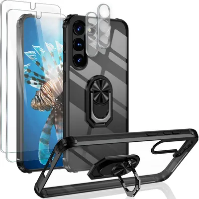 A clear phone case with a ring holder and screen protectors, displayed against a white background.