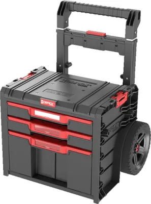 A black and red rolling tool cart with multiple drawers and a telescoping handle.