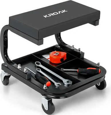 Obrázek produktu pro Dílenská kolečková stolička pro autoservisy – mechanická židle na kolečkách – nosnost 120 kg – odkládací plocha na nářadí a úložný prostor – garážová stolička – černá