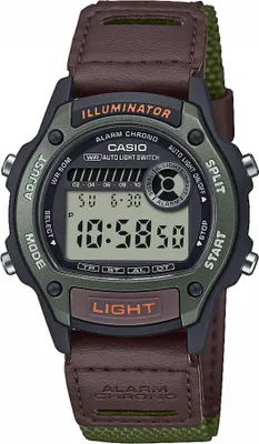 A digital watch with a green and brown strap, displayed against a white background.