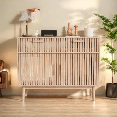Immagine prodotto di Mobile contenitore INONEFT con 2 cassetti e 2 ante, ideale come mobiletto da cucina, adatto anche per camere da letto e soggiorni, dimensioni 35x100x80 cm, colore legno naturale