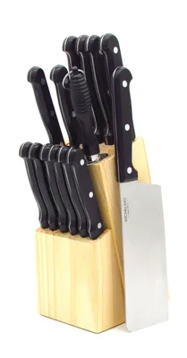 Produktbild von 15-teiliger Messerblock – 7x Küchenmesser & 6x Steakmesser aus Klingenstahl, 1x Edelstahl-Wetzstahl, 1x Kiefernholz-Messerblock