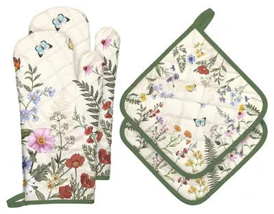 Produktbild von Ofenhandschuh und Topflappen 4er-Set Baumwolle Wildblumen-Motiv hitzebeständig