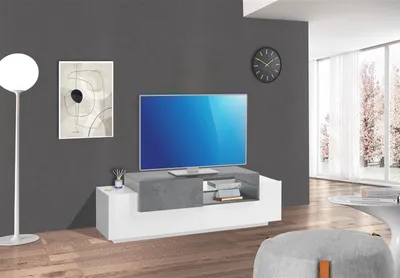Image de TV-Lowboard Table de télévision Élément bas HiFi Rack Armoire "Catania I" Blanc brillant / Imitation ardoise