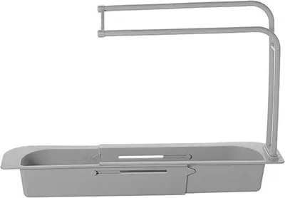 Imagen del producto de Organizador para fregadero Unyqoos®, extensible, con compartimento para esponjas y 2 soportes para toallas, con ventilación y desagüe, montaje sin necesidad de taladro, color gris, ideal para cocina y baño