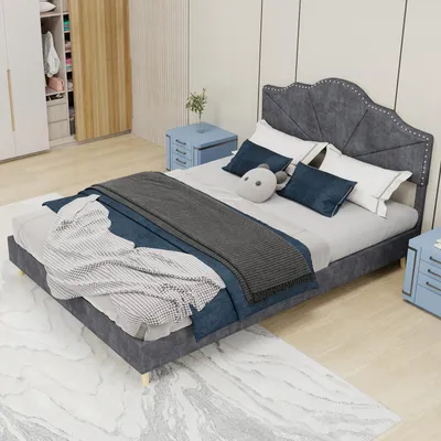 Produktbild von okwish Doppelbett 140x200 Kinderbett mit weiches Kopfteil,Bettgestell mit Rippenbettgestell,Jugendbett Flachbett mit Nägelbeschlag,Grau(ohne Matratze)