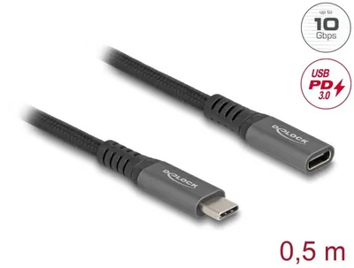Produktbild von DeLOCK USB 10 Gbps Verlängerungskabel USB Type-C Stecker zu Buchse PD 3.0 100 W 0,5 m grau Metall, 0,5 m, USB C, USB C, USB 3.2 Gen 2 (3.1 Gen 2), 10 Gbit/s, Schwarz