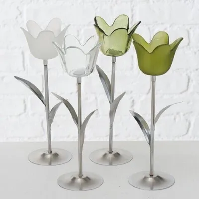 Produktbild von Teelichthalter Tulpe Eisen Glas Tulpen grün oder weiß  H.24 cm 2er Set