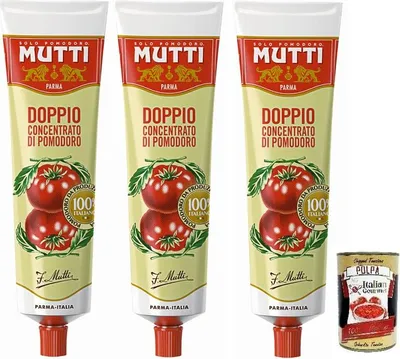 Produktbild von 3x Mutti Doppio Concentrato di Pomodoro,Doppeltes Tomatenkonzentrat,100% Italienische Tomate,130g Tube + Italian Gourmet Polpa di Pomodoro 400g Dose