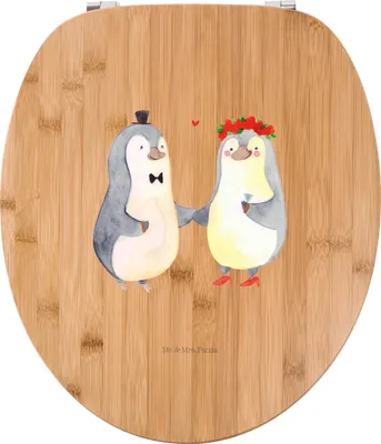 Produktbild von Mr. & Mrs. Panda wc deckel holz Pinguin Heirat - Transparent - Geschenk, Toilettendeckel, Klo-Deckel, Verheiratet, klo, Hochzeit, WC-Sitz, Brille, Sitz, Freundin, Frau