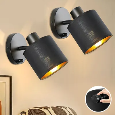 Produktbild von 2x Stoff Wandlampe mit Schalter Gold Dimmbar Wandleuchten Innen E27 Modern mit Lampenschirm LED Wandbeleuchtung für Wohnzimmer Schlafzimmer Flur