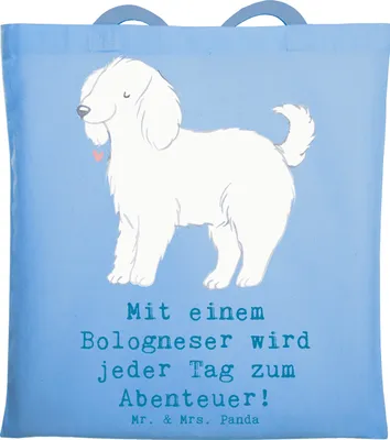 Produktbild von Mr. & Mrs. Panda Tote Bag Bologneser Abenteuer - Sky Blue - Geschenk, Hunderassen Vielfalt, Shopping Tasche, Hunderasse, Pflege, einkaufsshopper, Lebensfreude