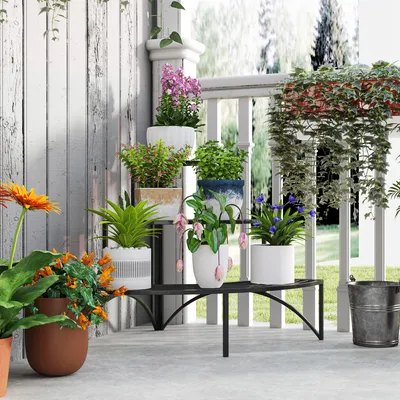 Produktbild von Eckpflanzenständer 3 Ebenen, Blumenständer Metall Ecke, Pflanzentreppe pulverbeschichtet, Schwarz | 87 x 60 x 60 cm | bis 30 kg | innen & außen
