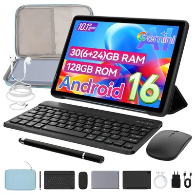 Zdjęcie produktu dla Tablet JENBIZZ 10'', Android 16, 128 GB, 30 (6+24) GB RAM, bateria 6000 mAh, Widevine L1, 2-w-1 (z klawiaturą, myszą, rysikiem, etui i torbą), kolor niebieski