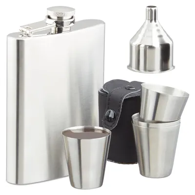 Produktbild von Relaxdays Flachmann Set Edelstahl 7 teilig, 200 ml Flachmann mit Trichter und 4 Becher für Camping und Festival, silber, KI-generiertes Bild