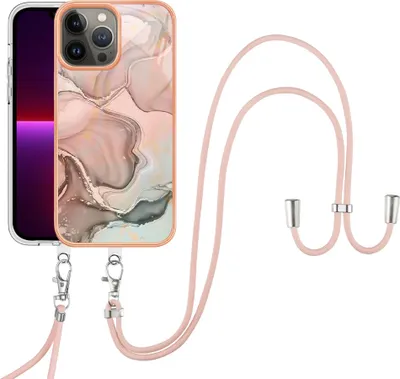 Produktbild von iPhone 13 Pro Handykette Hülle, Muster TPU Bumper Schutzhülle mit verstellbarem Tragegurt für iPhone 13 Pro Crème