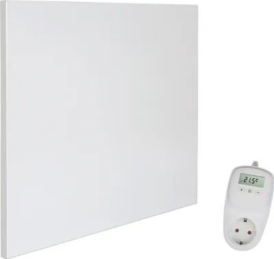 A white infrared heater panel and a white thermostat plug are shown against a white background.