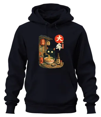 Productafbeelding van Japanse Zwarte Kat Ramen Japan Y2K Nippon Otaku Hoodie, marineblauw, maat L