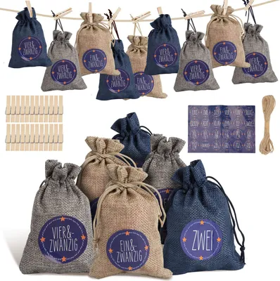 Produktbild von Bettizia Adventskalender zum Befüllen 2025, 24 Stück Weihnachtskalender, Weihnachtsdeko Säckchen/Tüten, Säckchen DIY Weihnachtsdeko,Blau/weiß/grau