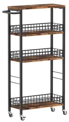 Image de Chariot de rangement étroit à 4 étages, chariot de cuisine étroit sur roulettes, chariot multifonctionnel avec plateau en bois, étagère mobile, rangement de salle de bain, tour à roulettes (marron)