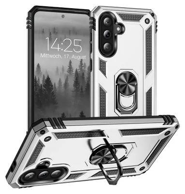 A silver and black rugged phone case with a ring holder, shown from multiple angles.