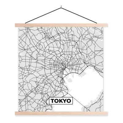 Produktbild von MuchoWow® Textilposter Tokio - Stadtplan - Schwarz und weiß - Karte 120x120 cm mit holzfarbenen Rahmen - Textil-Poster
