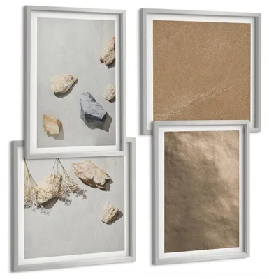 Produktbild von Bilder Set 4-teilig im silbergerahmten Rahmen – Wandbilder 4 Stück – gerahmte Poster für Wohnzimmer, Schlafzimmer und Flur – 50x50 cm - 40x60 cm – Strandsteine ​​natürliche Strukturen