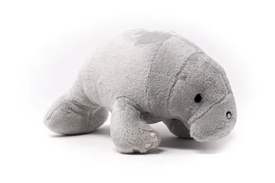A plush manatee toy is shown against a white background.
