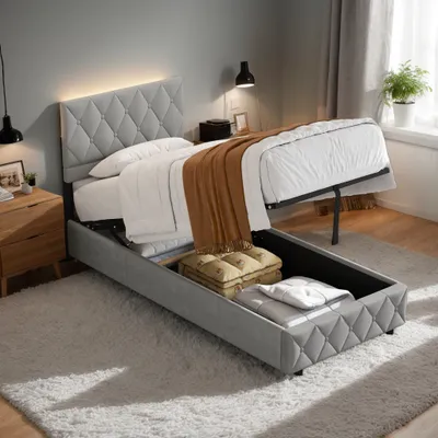 Produktbild von okwish Boxspringbett Polsterbett 90 x 200 cm mit Kopfteil in Knopfnahtverzierung, Hydraulisches Stauraumbett mit Bettkasten Stauraum, Einzelbett Jugendbett mit Lattenrost aus holz und Metallrahmen(Ohne Matratze)- Hellgrau