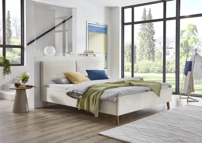 Produktbild von Meise Möbel Polsterbett Piano 160x200 cm | Doppelbett | Bettgestell | Kopfteil mit tiefem Einzug | Strukturstoff Beige | Holzfuß eichefarbig