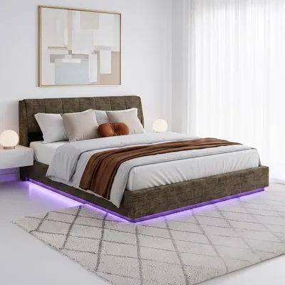 Image de Lit rembourré LED "Tröstiar" avec coffre de rangement, tissu lin, 180 x 200 cm, vert