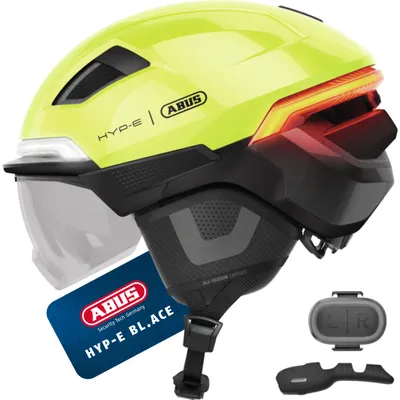 Zdjęcie produktu dla Kask rowerowy ABUS HYP-E B.LACE - z przednim, tylnym i kierunkowskazem oraz bezprzewodowym światłem hamowania - z daszkiem i nausznikami - rozmiar S, żółty sygnałowy