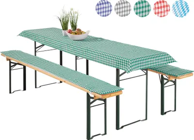 Produktbild von heimtexland ® Auflagen Set 3-teilig für Bierzeltgarnitur 2x Polster Auflage Bierbank 1x Tischdecke Vichy Karo Garten Tischdeko Typ331 grün Tischmass 50x220 cm