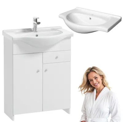 Image de Aqua For You | Meuble de salle de bain Atena D65 - avec lavabo - Blanc - 65x81x30 cm - 2 portes - Brillant