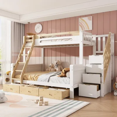 Produktbild von Merax Etagenbett 90x200/140x200cm aus Holz mit Stauraumtreppe, Kinderbett mit Leiter und 3 Schubladen, Sicherheitsgeländer Familienbett, Weiß+Natur