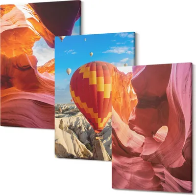 Produktbild von Wandbild – Leinwandbild – Leinwandbilder – Polycanvas – Kunstdruck – Modern – Panorama – Mehrteilig – 3-Teilig Set – Hochwertig – Lichtecht – Geruchslos – 20x30 Cm Je Element - Landschaften mit Wüstenschluchten und ein Ballonflug