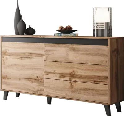 Produktbild von MIRJAN24 Kommode Nord, Stilvoll Sideboard vom Hersteller, Schrank mit drei Schubladen (Farbe: Wotan Eiche / Wotan Eiche + Anthrazit)