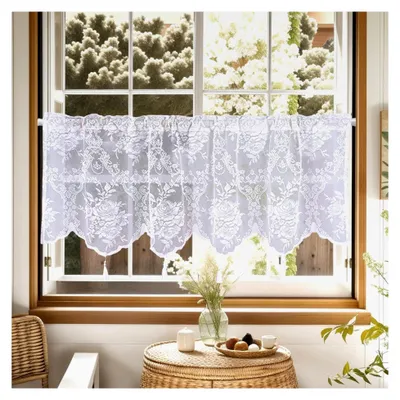 Produktbild von Scheibengardinen für die Küche (45x130cm) – Transparente Rosenblumen-Stickerei mit Spitze, Voile, mit Quaste und Stangendurchzug, Polyester, Weiß – 1 Stück
