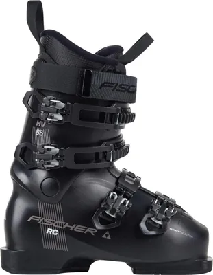 A black Fischer RC ski boot is shown against a white background.